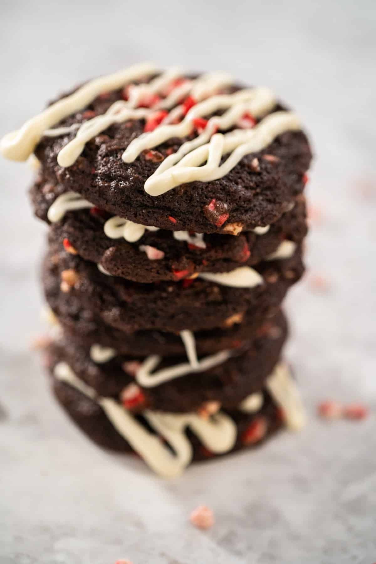 stack of chocolate peppermint cookies.