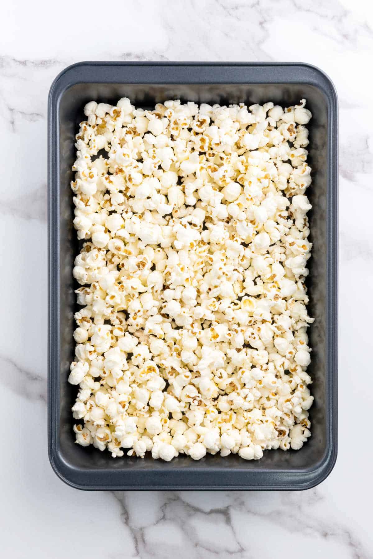 popcorn in a baking pan.