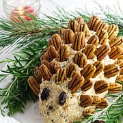 pecan studded cheese ball in shape of a hedgehog.
