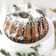 marbled bundt cake with coconut on top.