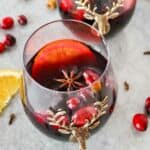 mulled wine in a holiday stemless goblets.
