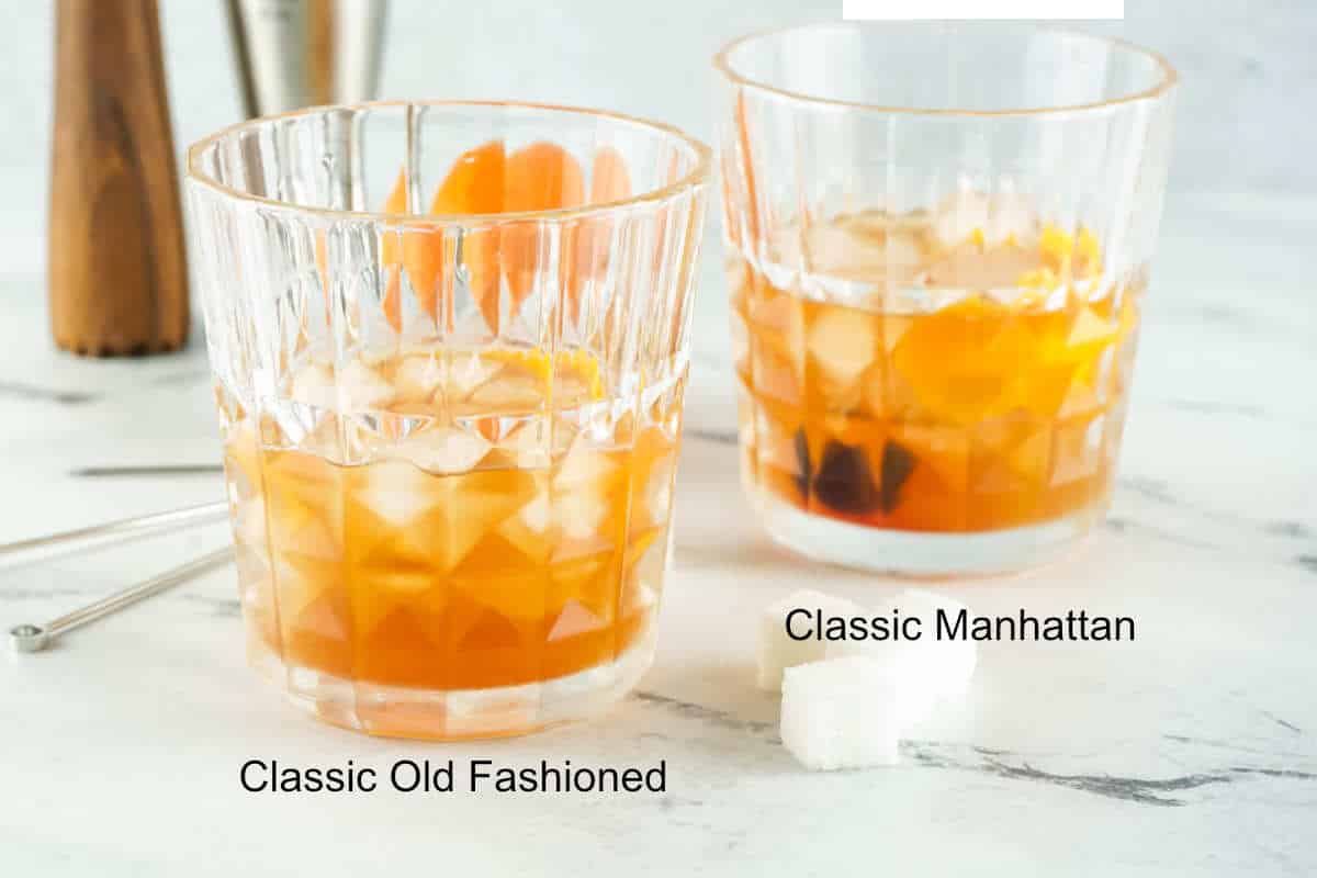 two cocktail glasses showing the difference between an Old Fashioned cocktail and a Manhattan Cocktail.