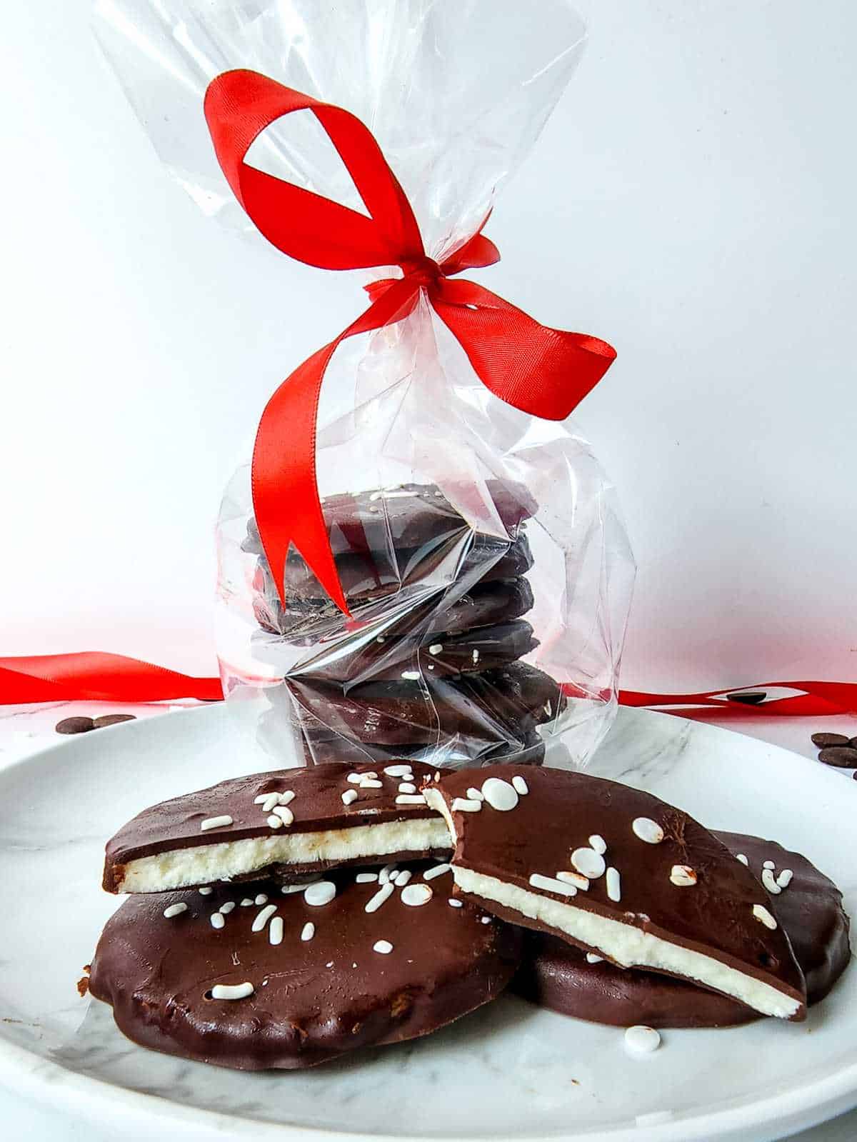 gift bag filled with homemade peppermint patties.