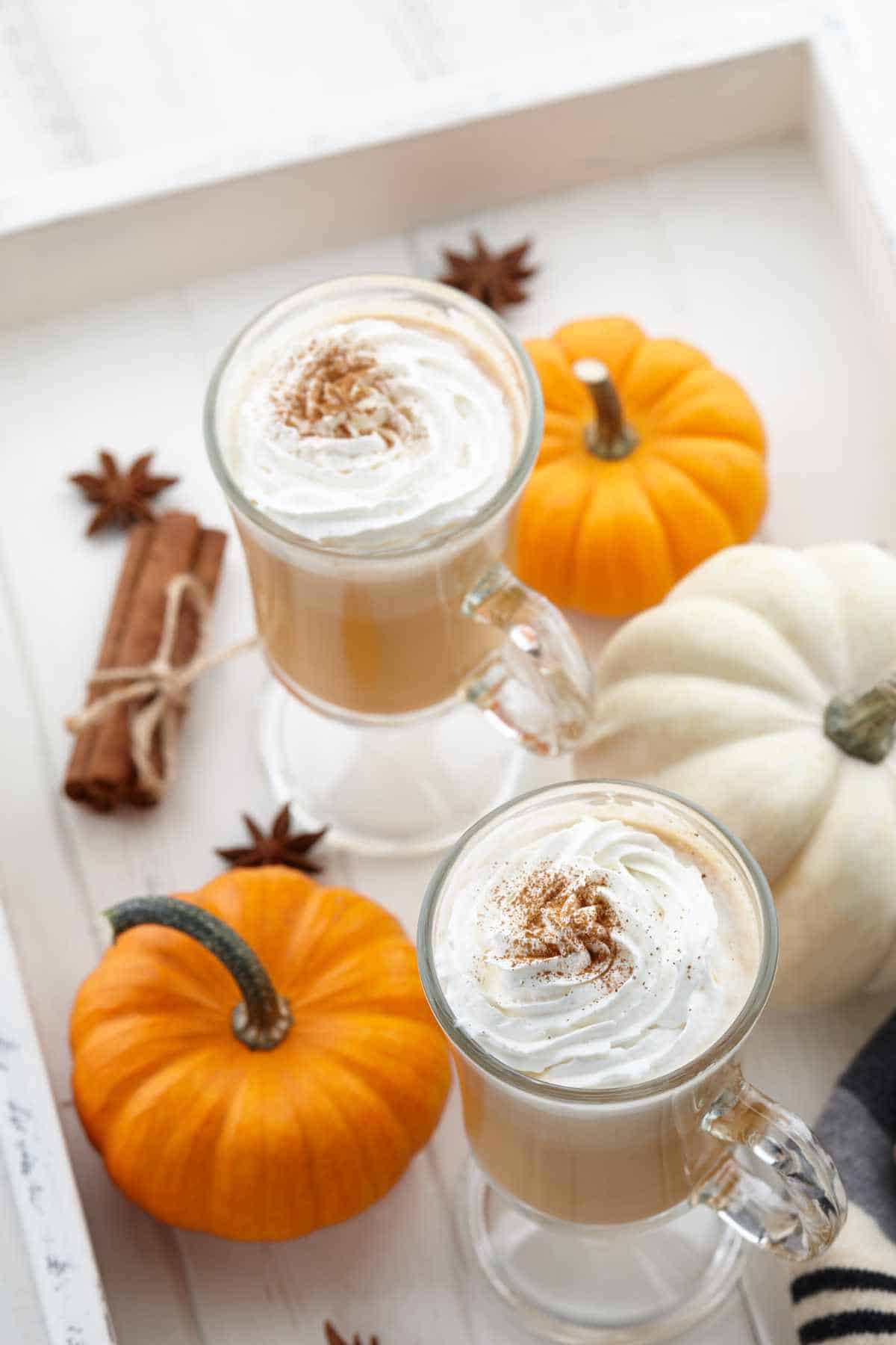 two mugs topped with whip cream and cinnamon on a tray with mini pumpkins and cinnamon sticks.