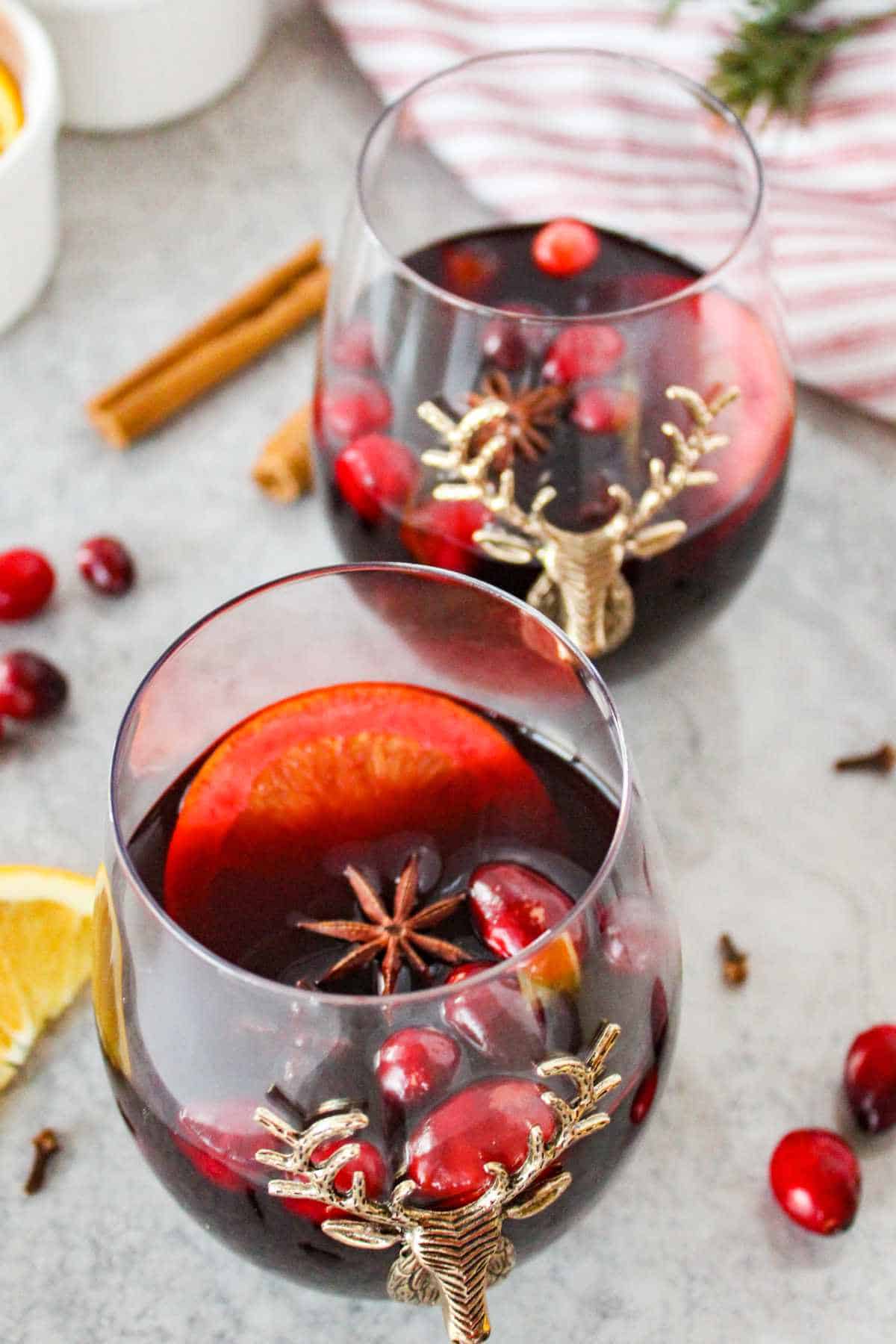 winter wassail in a holiday stemless goblets.