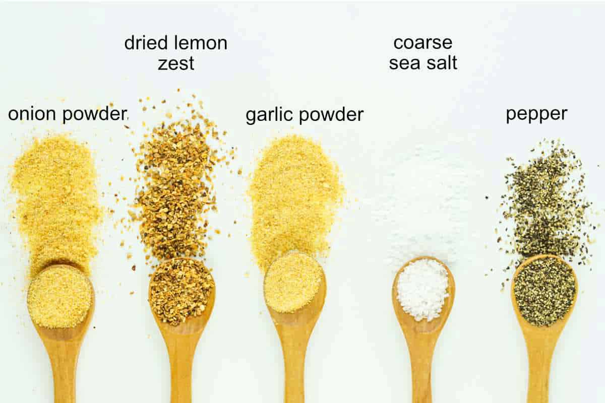 ingredients for making lemon pepper spice blend.