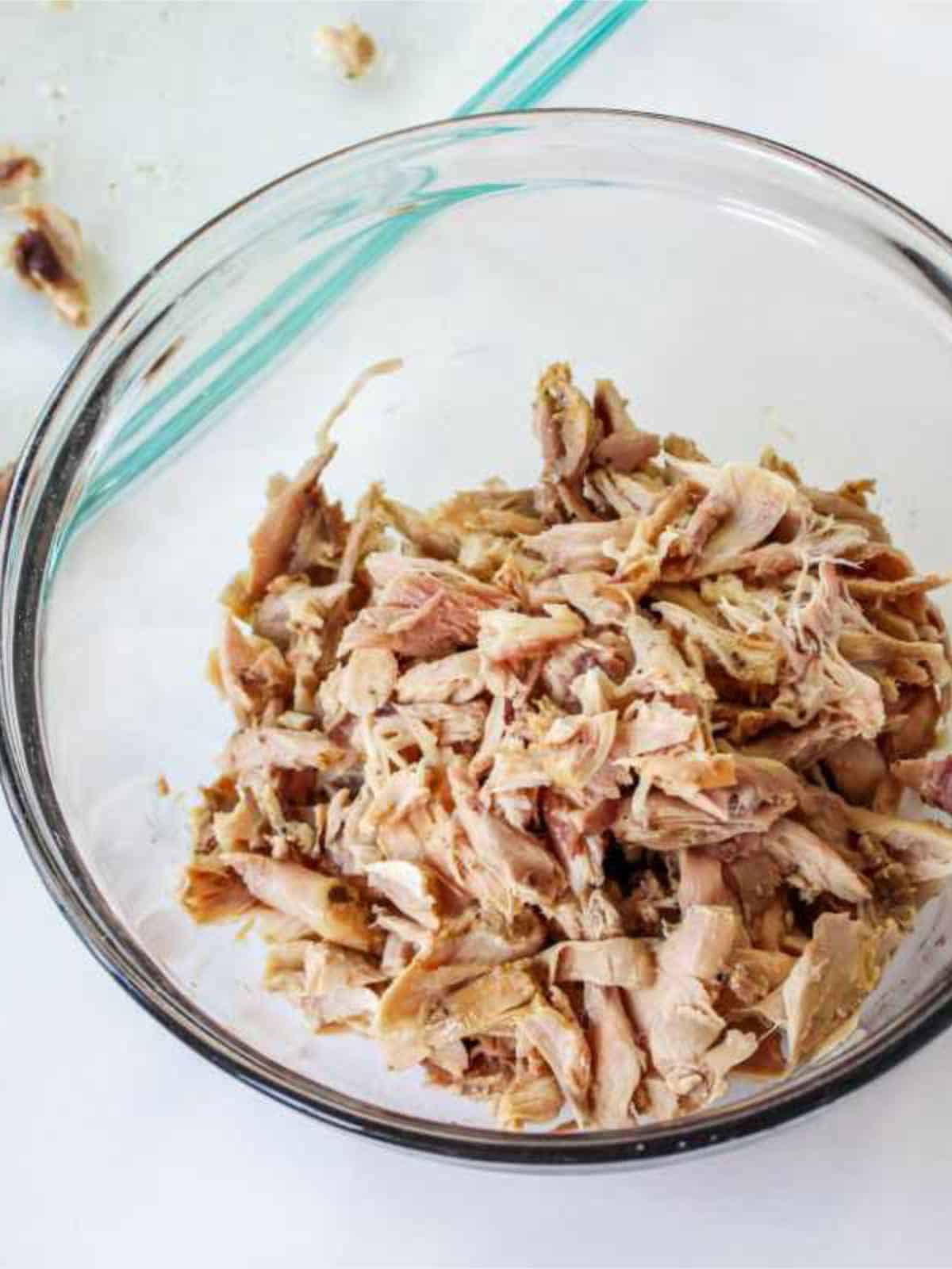 Shredded chicken to add to the chicken soup pot.