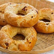 sundried tomato bagels in a basket.