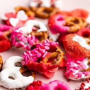 Plate of valentine candy dipped pretzels.