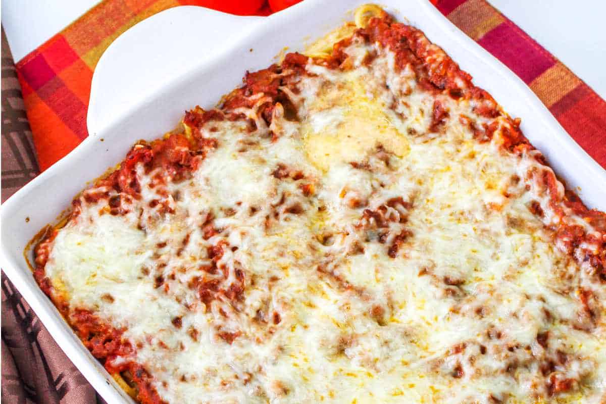 casserole dish with spaghetti alfredo bake.