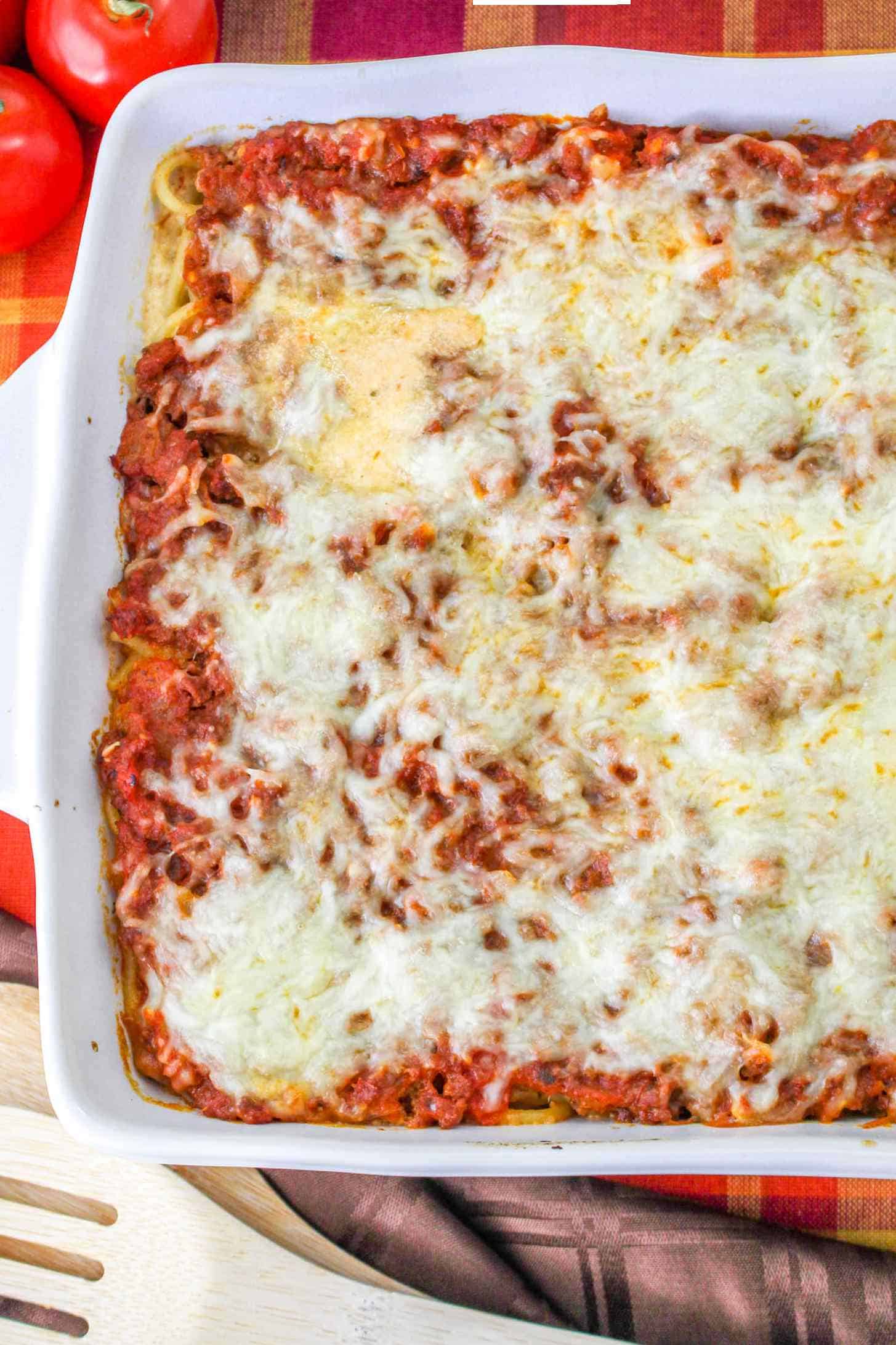 Baked Alfredo spaghetti casserole.