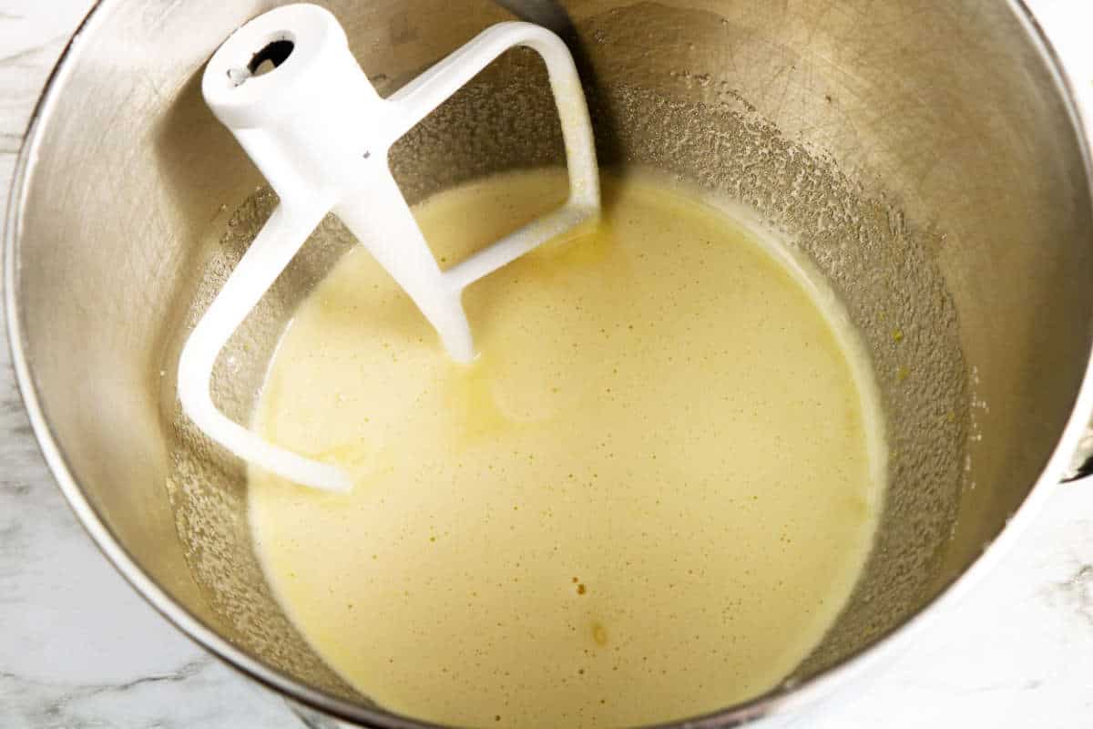 mixing batter in a bowl.