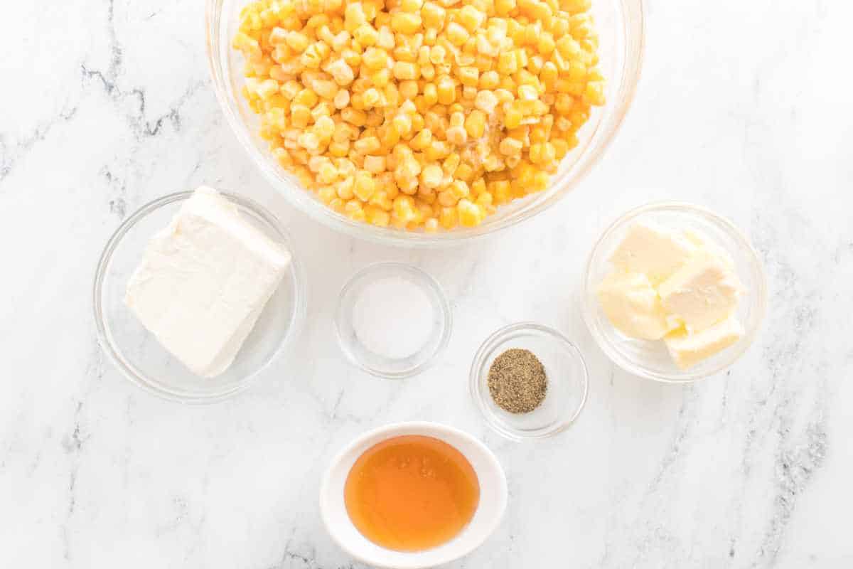 ingredients: cream cheese, frozen niblet kernels, butter, honey, salt, and cajun seasoning.
