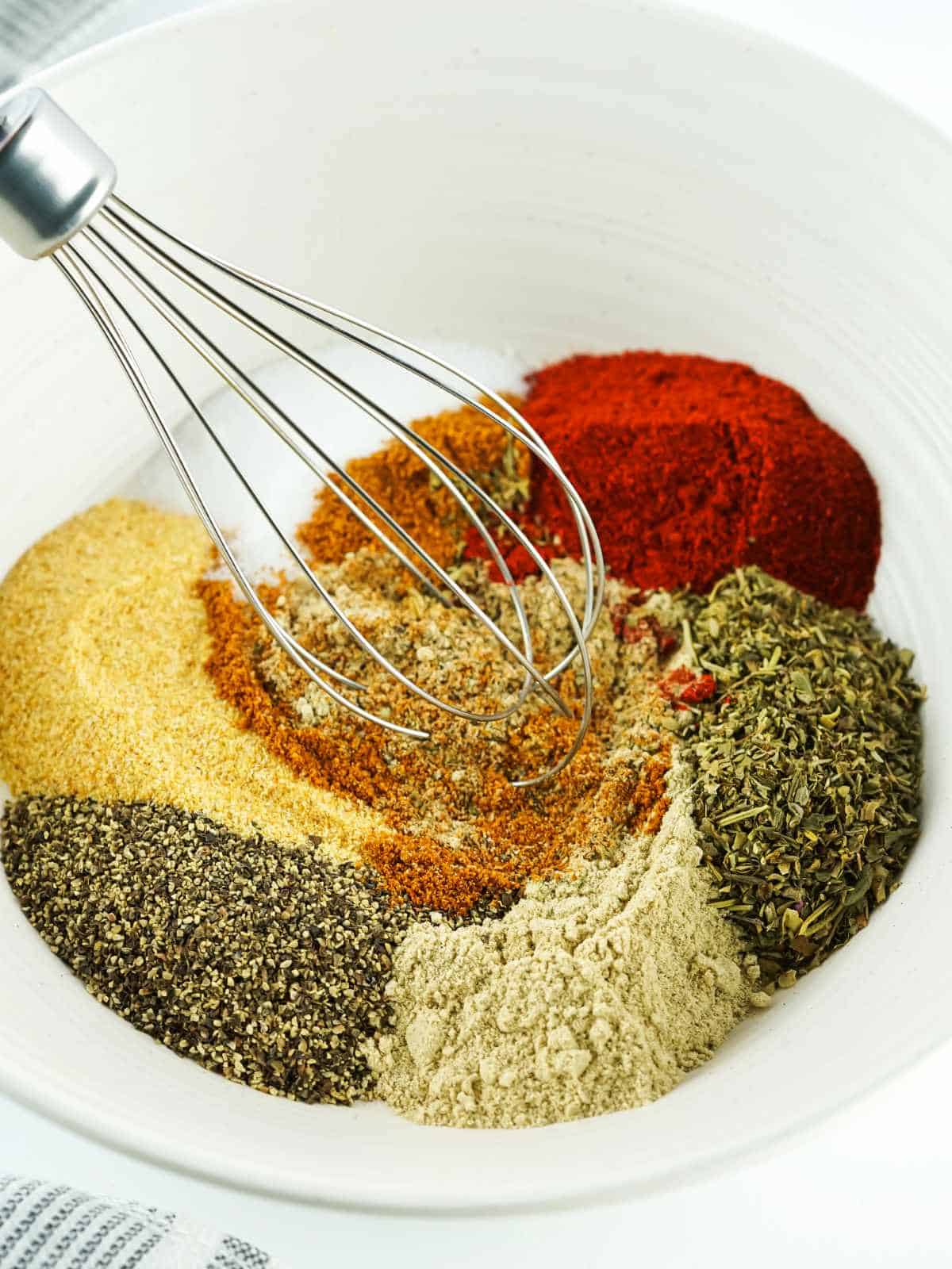 bowl and whisk mixing spices.