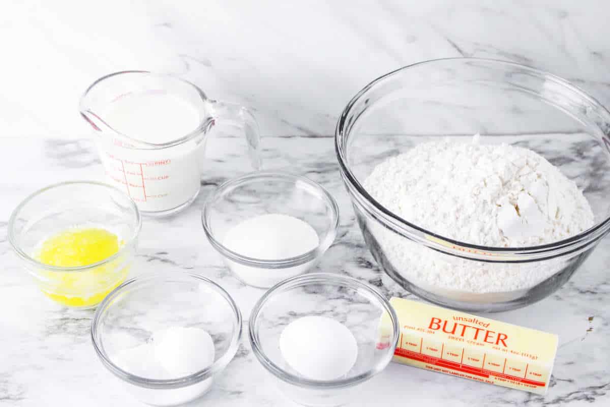 gluten free flour, baking soda, butter, egg, and buttermilk for gluten free irish soda bread.