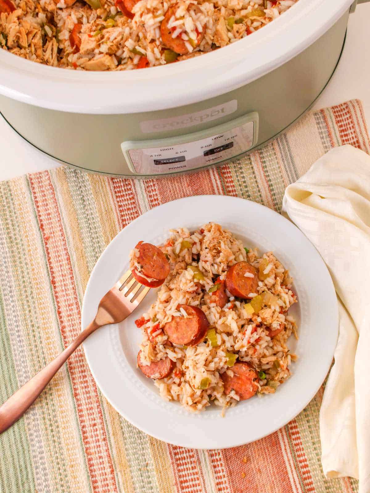 slow cooker with jambalaya, with a serving plate nearby.