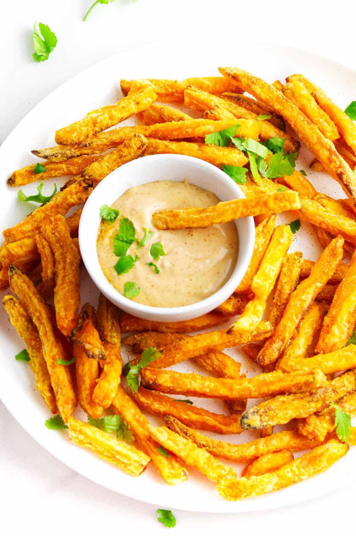 air fried sweet potato fries with dip.
