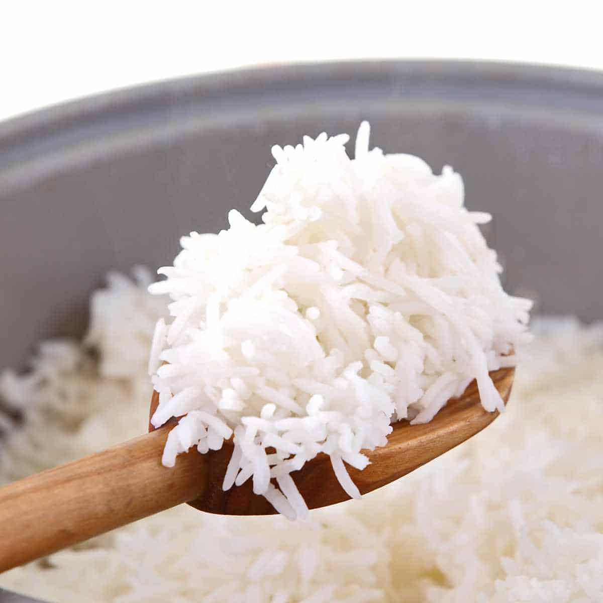 fluffy rice on a wooden spoon over a rice cooker full of cooked rice.