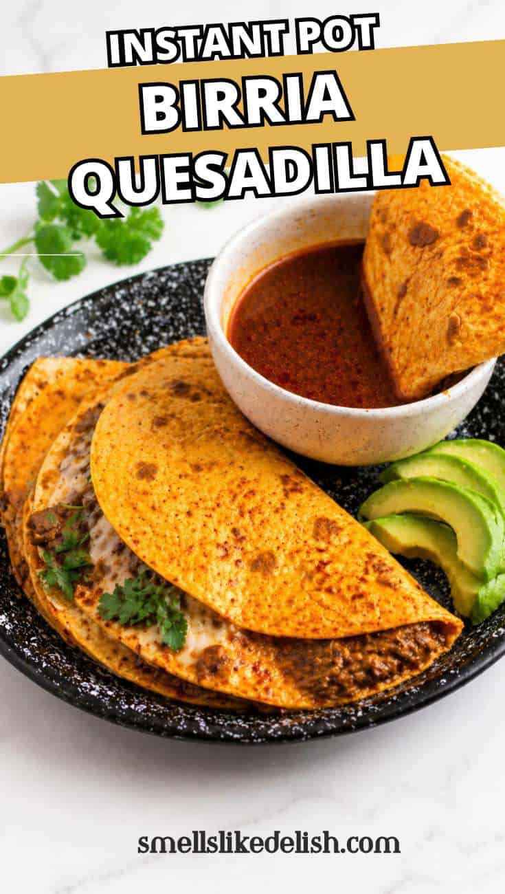 A plate with two folded birria quesadillas, sliced avocado, and a bowl of red dipping sauce. The text reads "Instant Pot Birria Quesadilla" and "smellslikedelish.com.