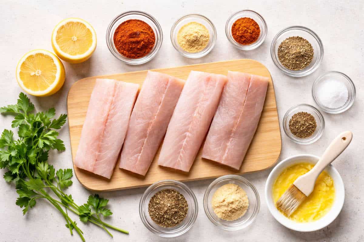 A white plate with two raw fish fillets, one lightly seasoned for blackened mahi mahi, sits next to a bottle of olive oil and a can of Tony Chachere’s Creole seasoning on a white marble surface with a blue cloth.