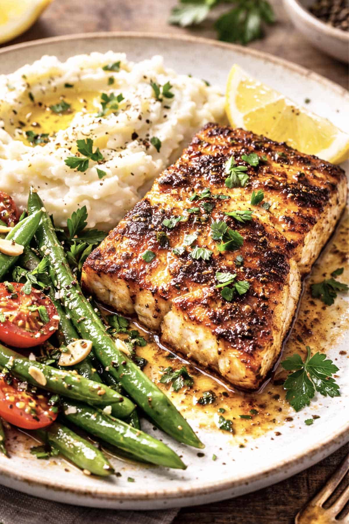 Two baked, seasoned fish fillets in a white dish, garnished with lemon slices. The fish has a golden-brown spice coating, and the background is light and minimal.