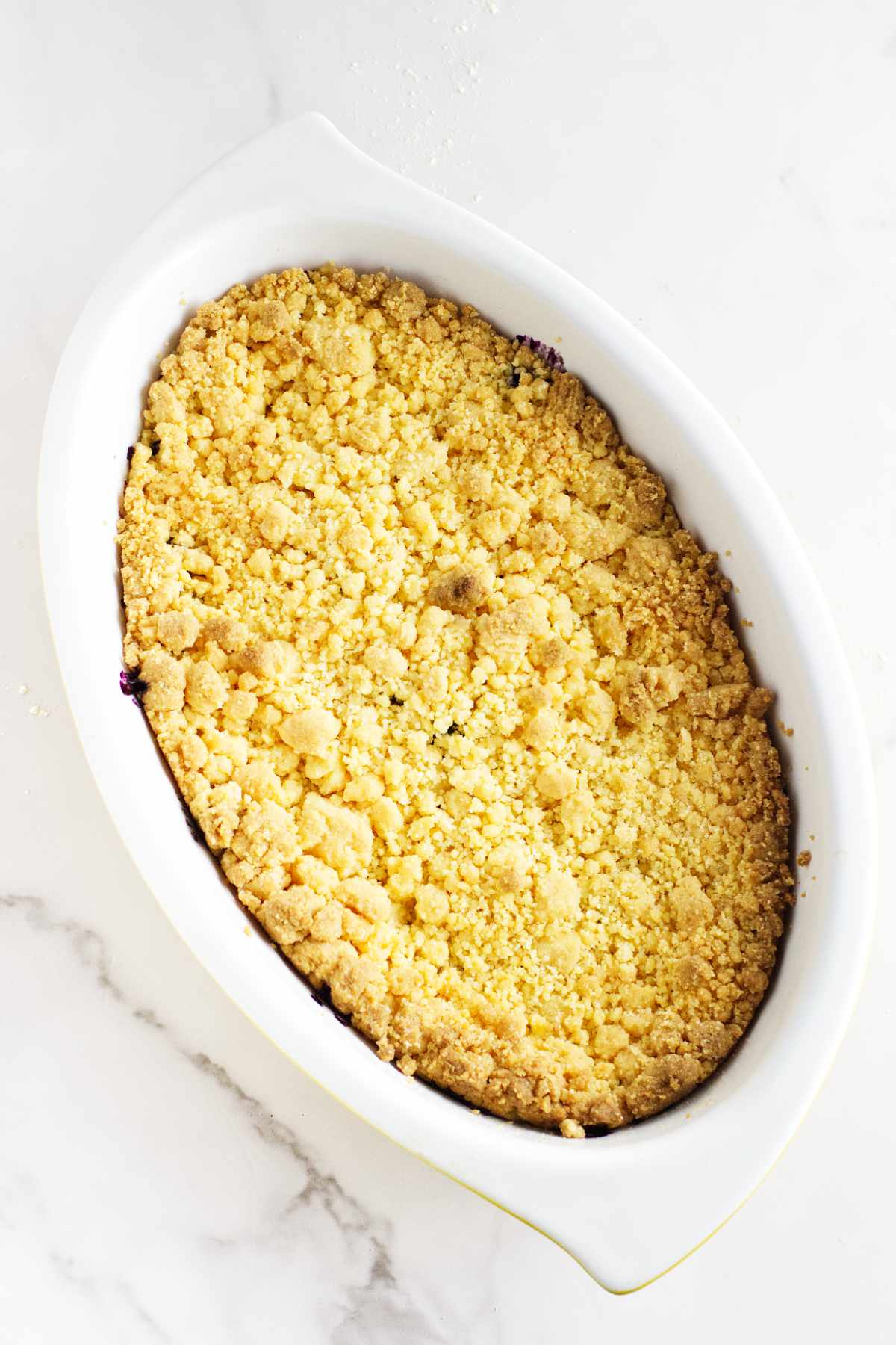 baked cake mix crumble topped blueberry cobbler.