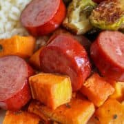oven roasted chicken apple sausage sheet pan dinner.