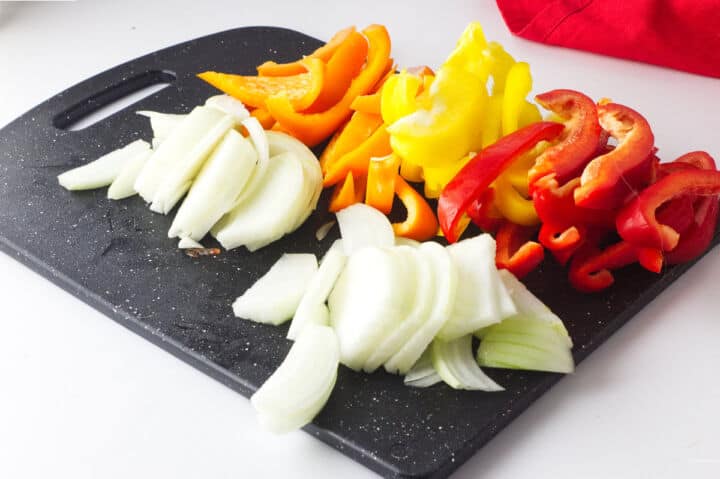 Rainbow bell peppers and onions for fajitas.
