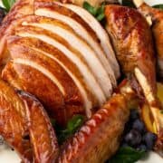 carved turkey meat on a platter.