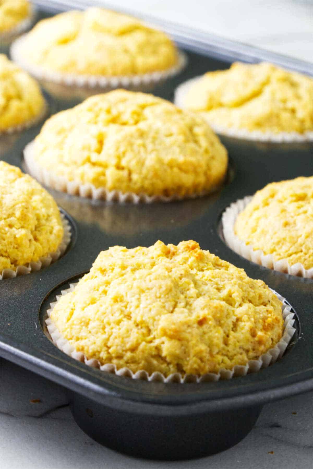 Freshly baked cornbread muffins in a muffin tin.