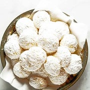 Danish wedding cookies rolled in powdered sugar.
