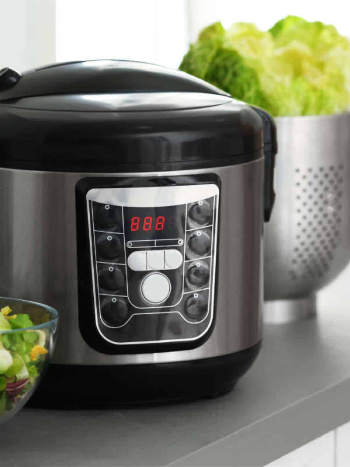 Modern electric Instant Pot multi cooker and food on kitchen countertop.