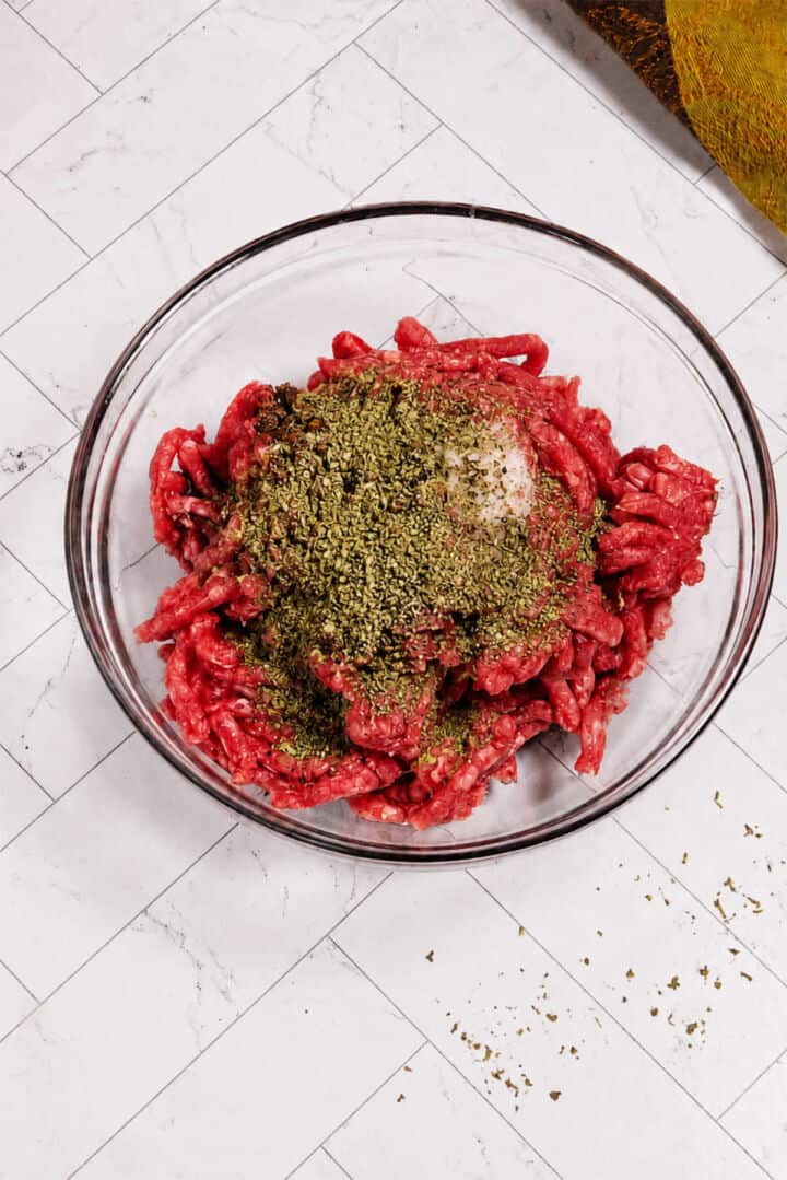 Ground lamb mixed with dried Greek seasoning, garlic, salt, and pepper.