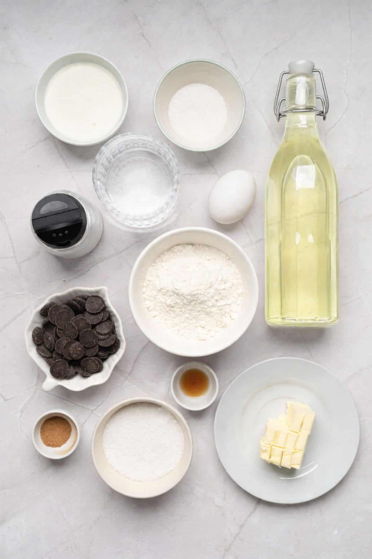 Ingredients for authentic Mexican churros recipe laid out on counter.
