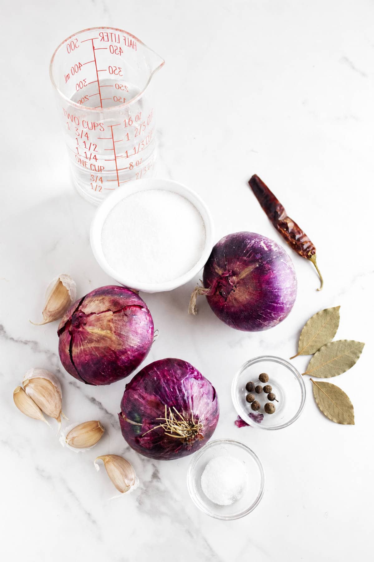 Ingredients for Mexican pickled onions with red onions vinegar lime garlic bay leaves and spices.