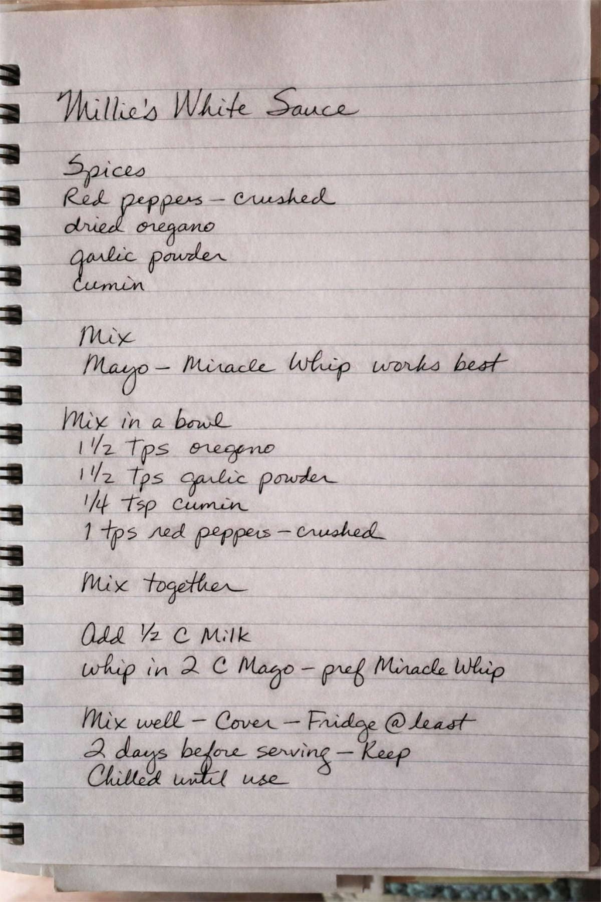 Handwritten Mexican white sauce recipe with spice measurements and mixing instructions.
