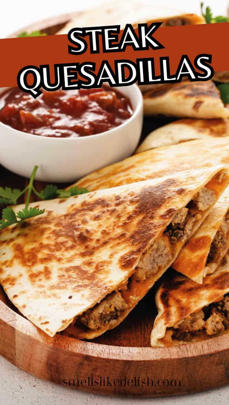 Golden steak quesadilla triangles with melted cheese inside.