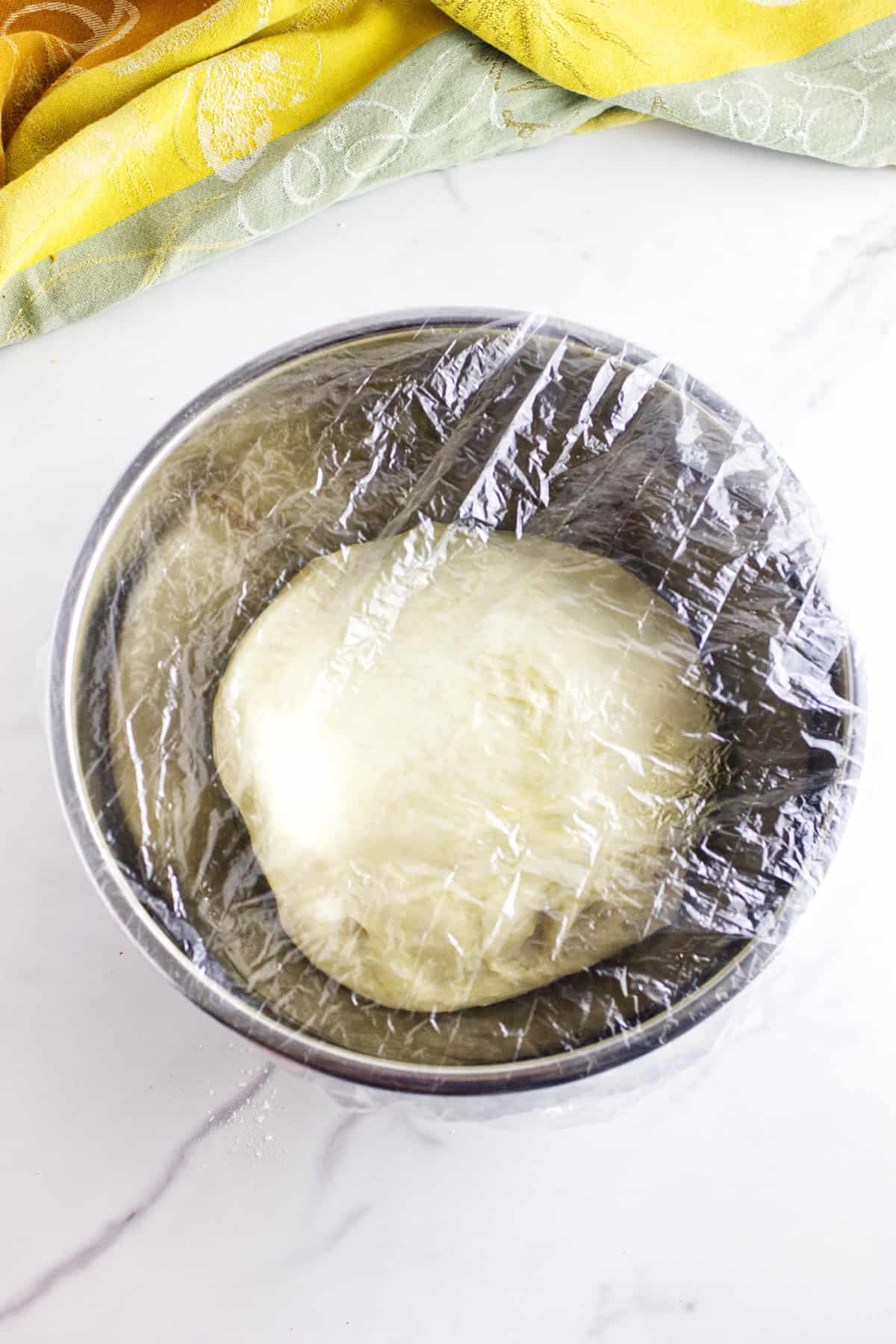 Dough coated lightly with oil in a bowl.