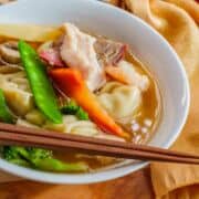 Subgum wonton soup with pork shrimp chicken and mixed Chinese vegetables.