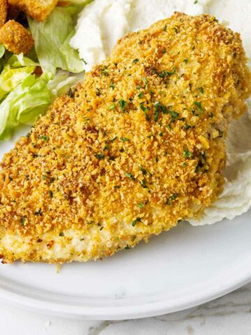Panko crusted chicken breast on a serving plate with mashed potatoes and salad.