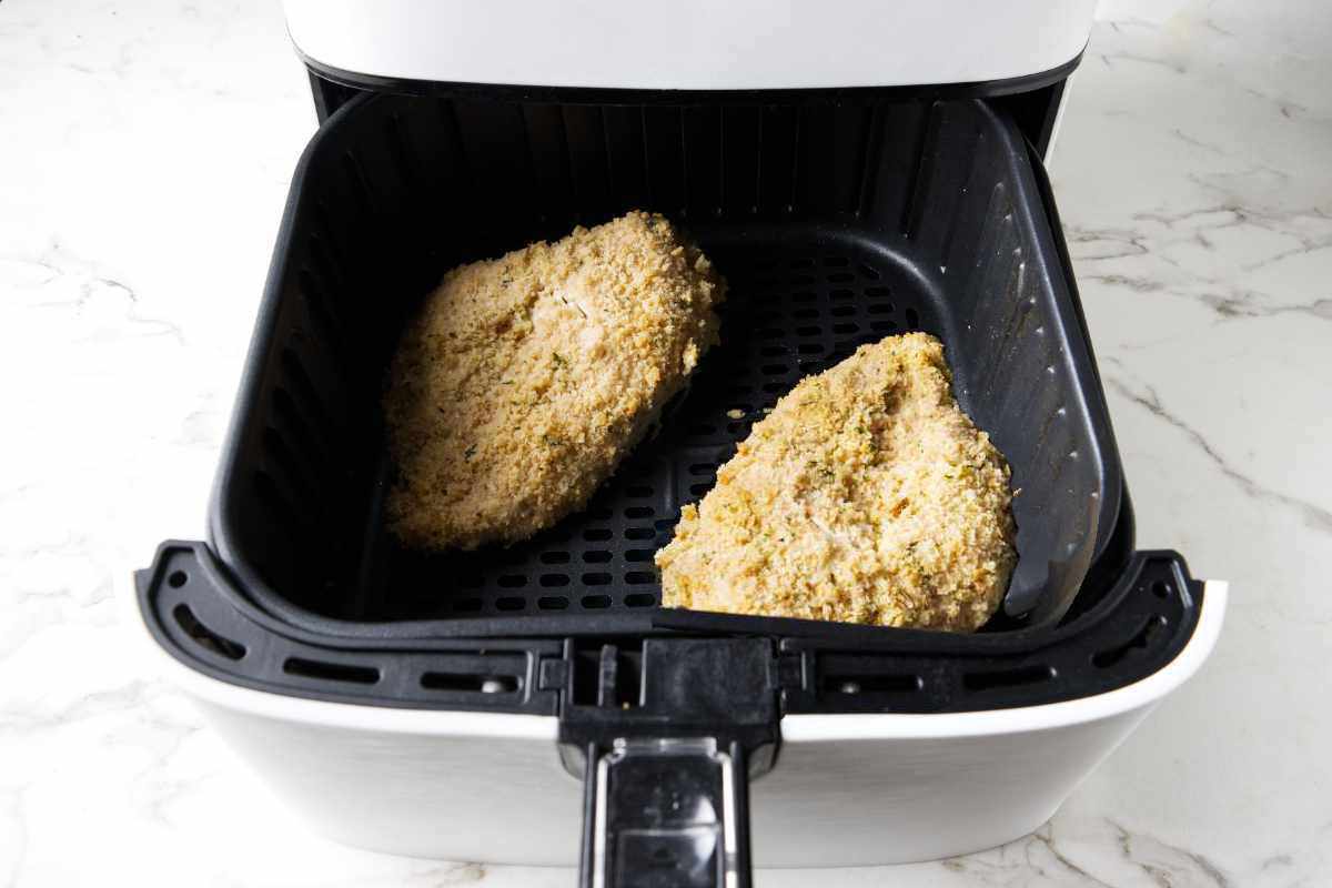 breaded chicken breast cooked in an air fryer.