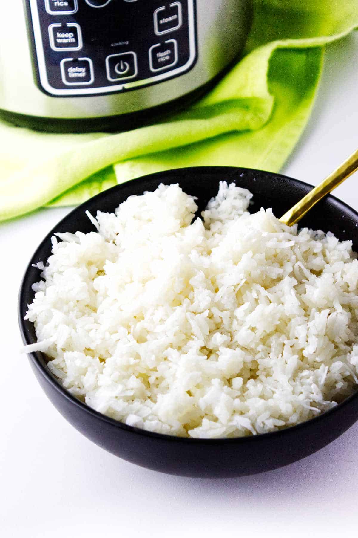 white coconut rice in a bowl with rice cooker in the background.