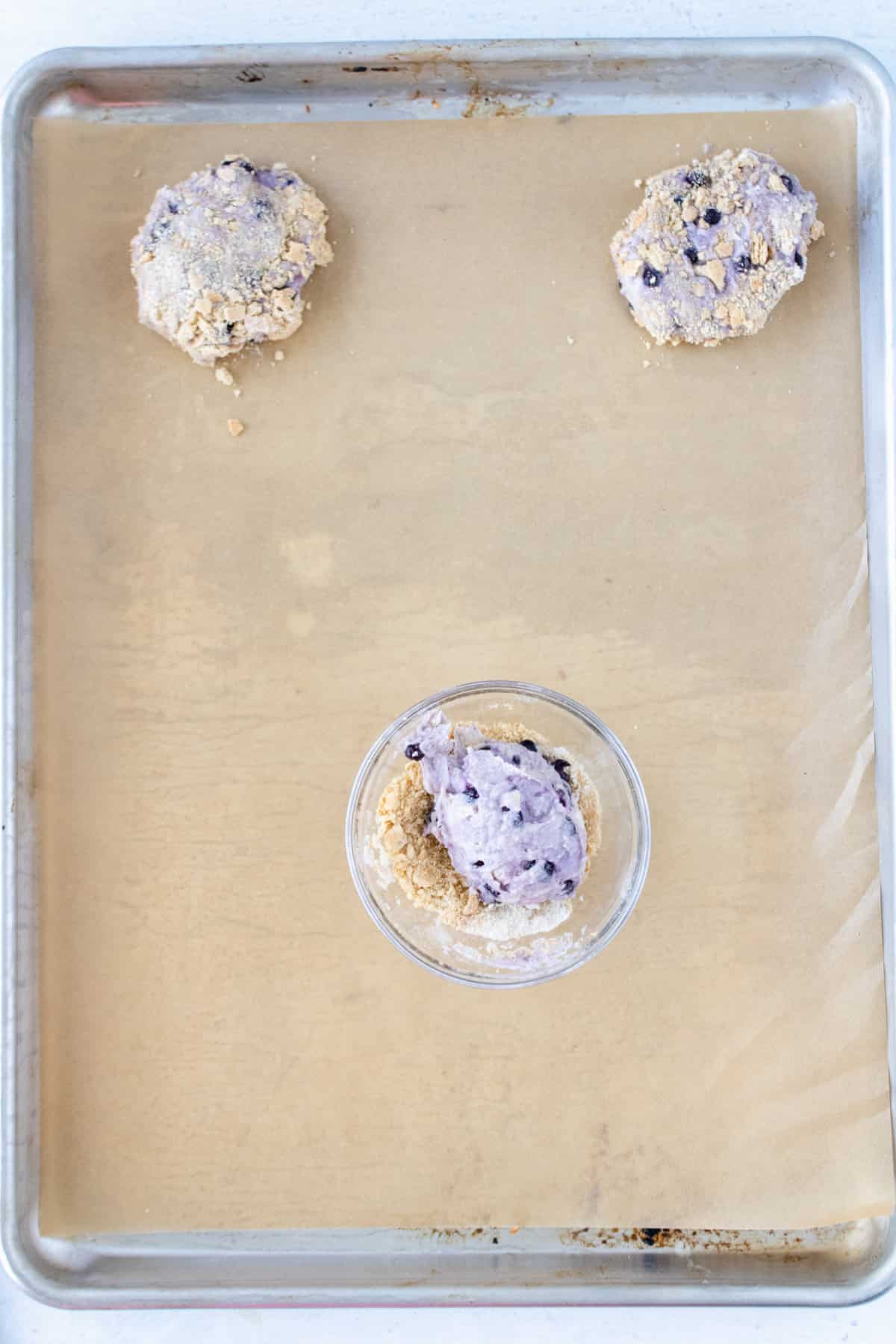 cookie dough on a cookie sheet.