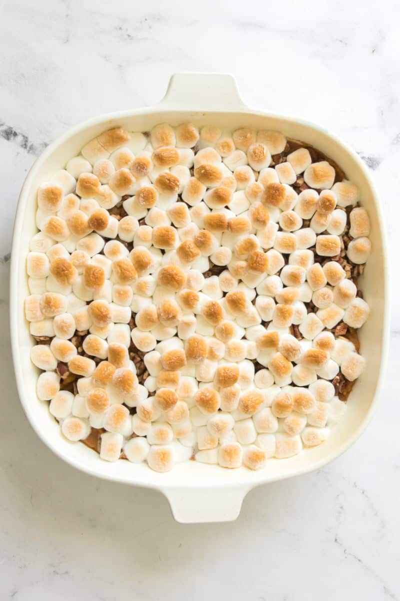 browned marshmallow topped casserole.