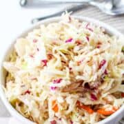 serving bowl of no mayonnaise coleslaw, Amish style.