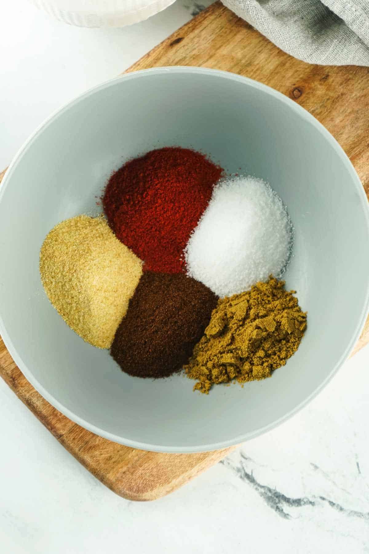 mixing bowl with spices and salt.