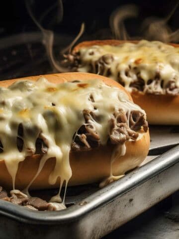 Blackstone Philly Cheesesteak sandwiches on griddle.