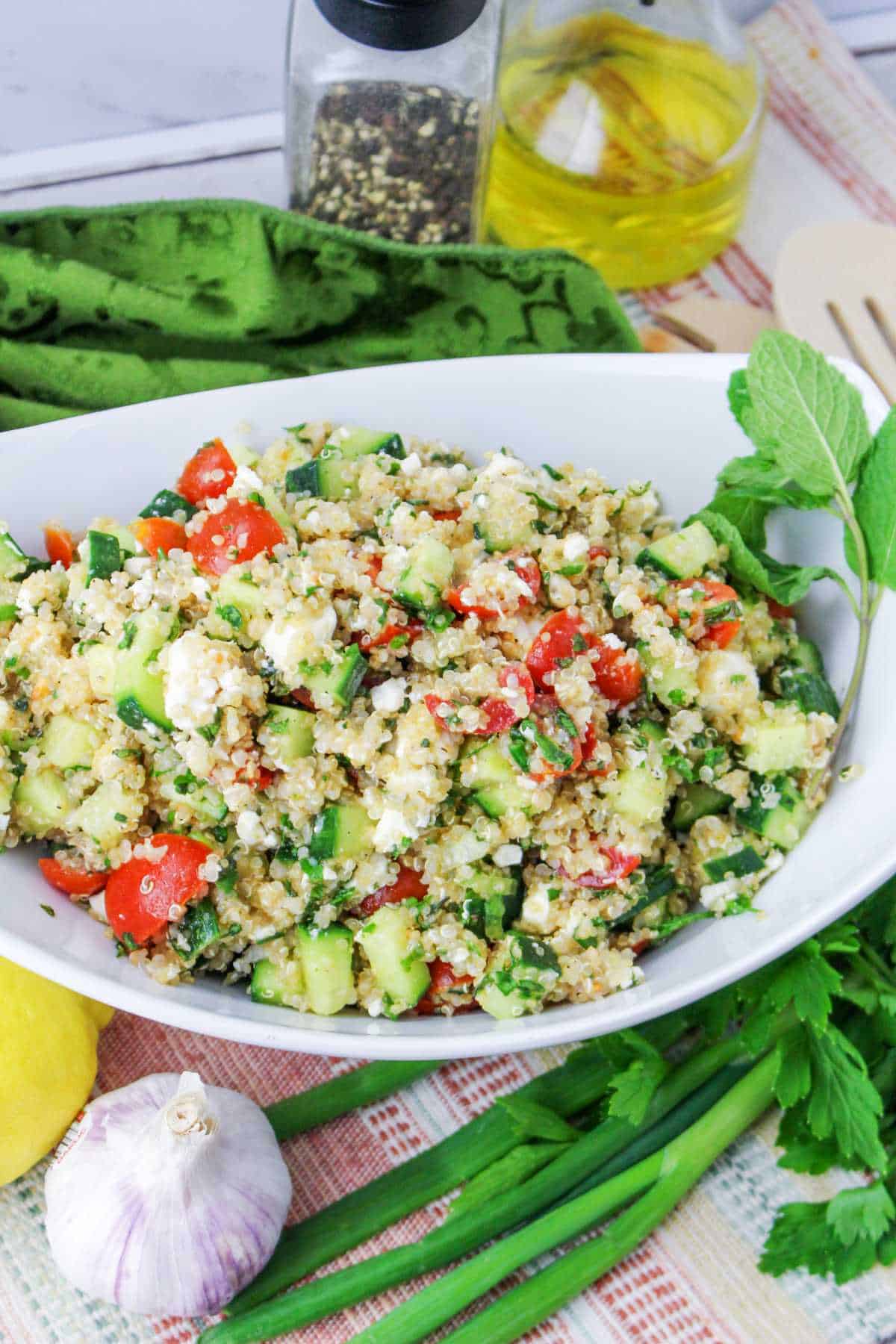 Tossed quinoa tabbouleh salad.