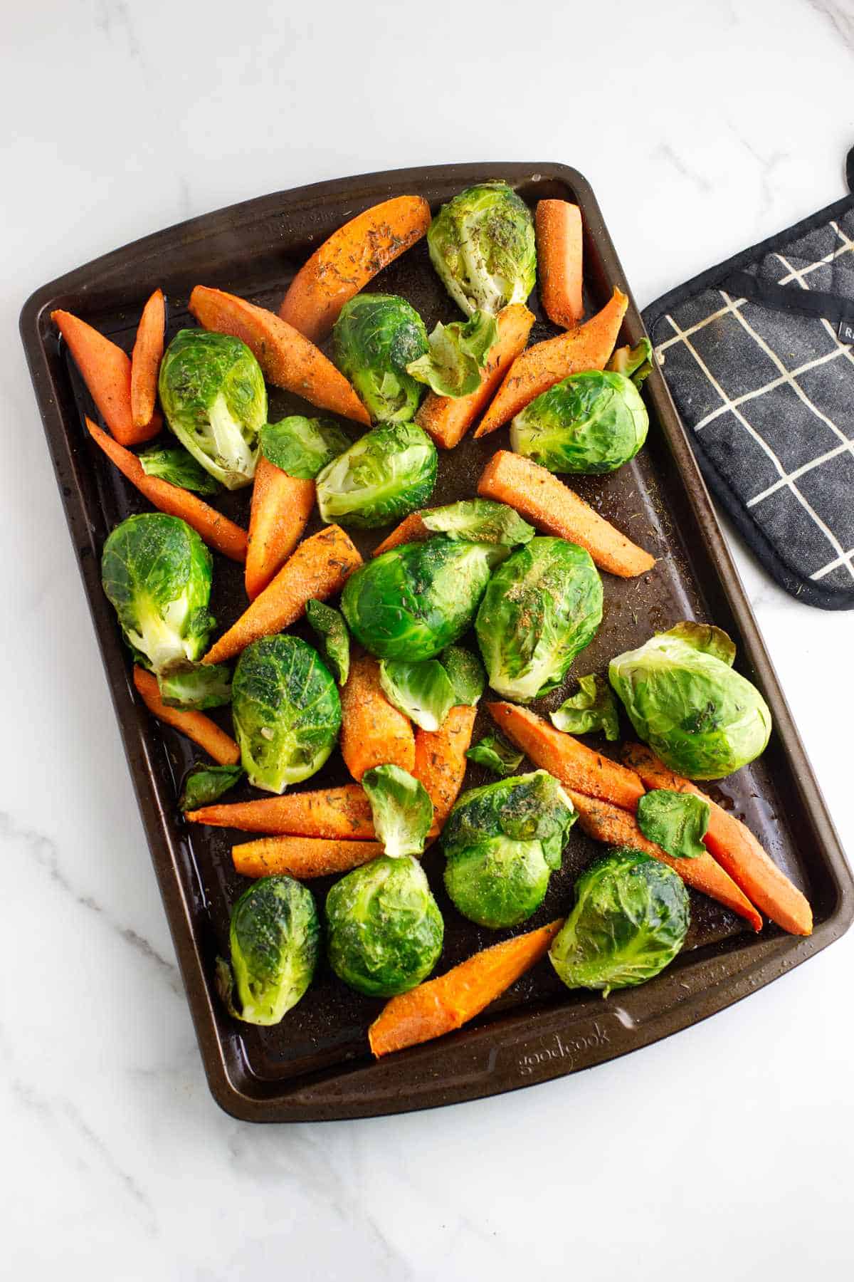 roasted sheet pan of sprouts and carrots.
