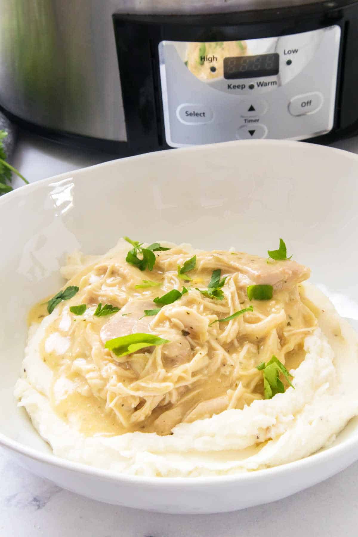 bowl of mashed potatoes with helping of chicken and gravy and garnished with parsley. Perfect for Crocktober.